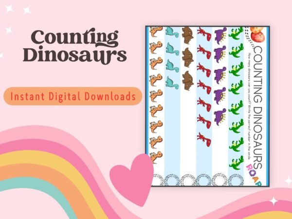 Counting fun for kids aged 2-5! Count colorful dinosaurs and practice number recognition with this engaging worksheet.