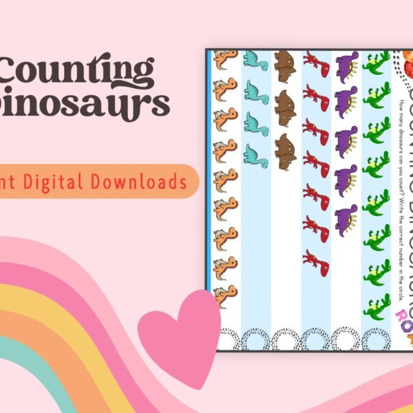 Counting fun for kids aged 2-5! Count colorful dinosaurs and practice number recognition with this engaging worksheet.