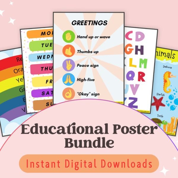 Decorate and educate with our Educational Poster Bundle! Covering topics from vegetables to sea animals, these colorful posters are perfect for kids aged 2-8.