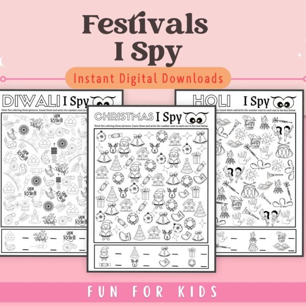 Celebrate Holi, Diwali, and Christmas with our fun and educational Festivals I Spy game. Perfect for children ages 3-8!