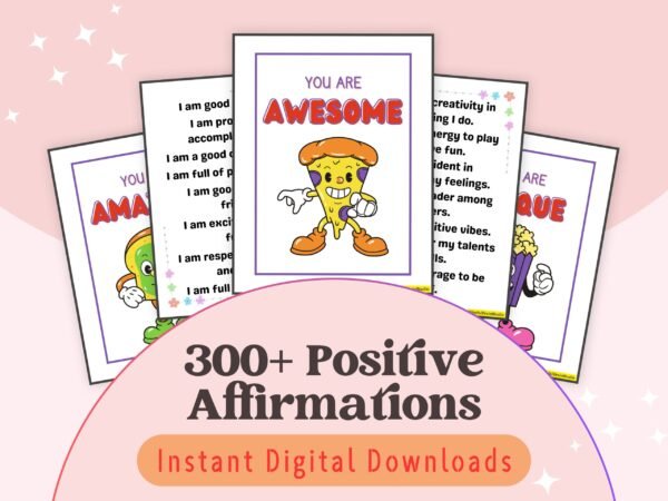 Boost your child’s confidence with 300+ positive affirmations! Perfect for ages 3-10, this set encourages self-love, resilience, and positivity in everyday life.