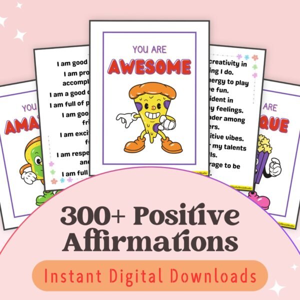 Boost your child’s confidence with 300+ positive affirmations! Perfect for ages 3-10, this set encourages self-love, resilience, and positivity in everyday life.