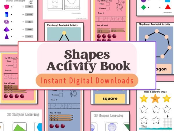 Hands-on shape learning for kids aged 4-7! Explore 2D and 3D shapes with tracing, coloring, and creative activities.