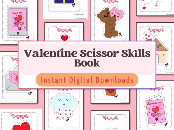 Perfect for ages 3-6! Practice scissor skills with cute Valentine-themed cut-outs like hearts and teddy bears in this fun workbook.