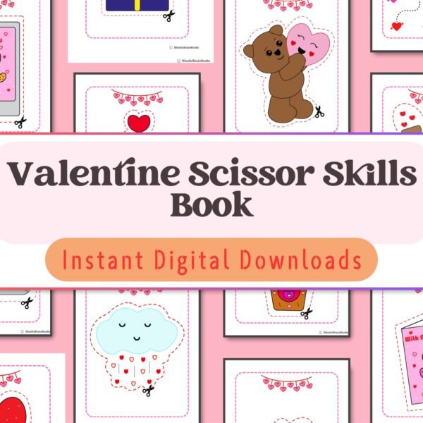 Perfect for ages 3-6! Practice scissor skills with cute Valentine-themed cut-outs like hearts and teddy bears in this fun workbook.